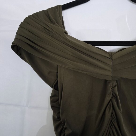 Express Body Contour Olive Off-Shoulder Ruched Bodysuit M Stretch - Picture 6 of 9